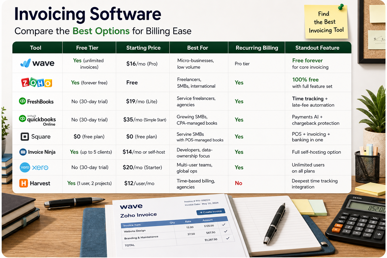 best invoicing software comparison table with pricing, features, and recurring billing options