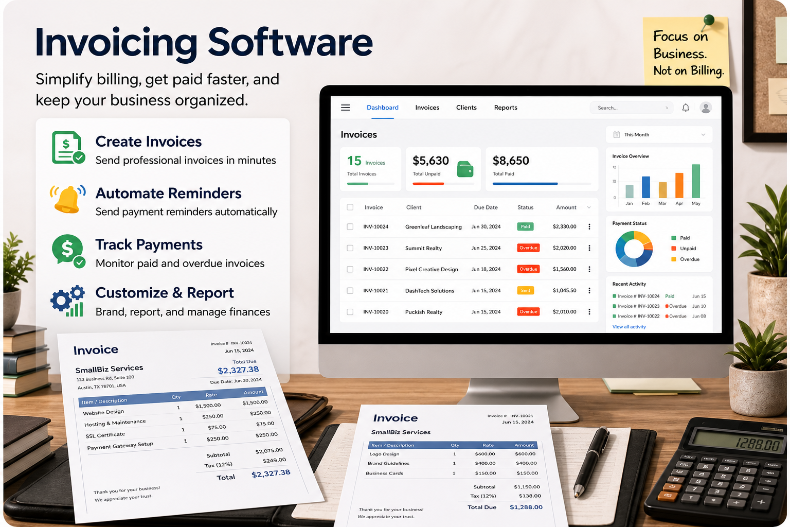 invoicing software dashboard with invoice tracking, billing automation, and payment management system